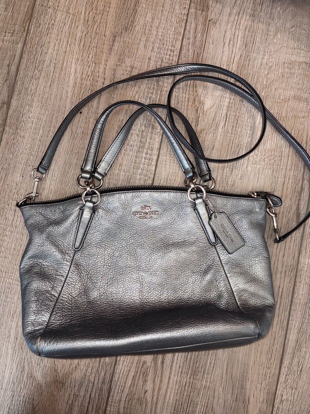 Small Kelsey Metallic Platinum Leather Satchel Crossbody